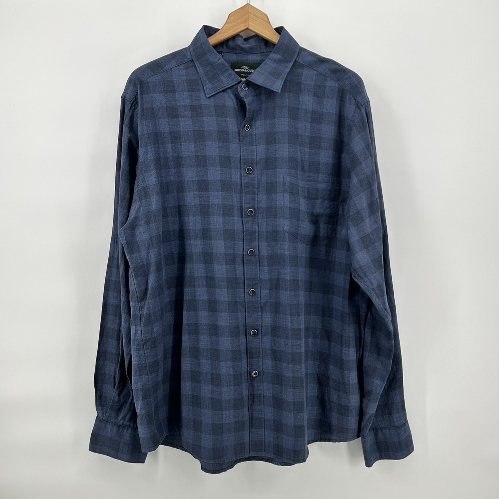 Rodd Gunn Shirt Mens 2XL Sports Fit Italian Fabric Blue Plaid Long Sleeve Preppy